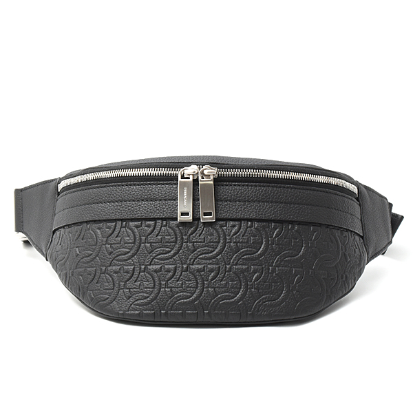 サルヴァトーレフェラガモ バッグ メンズ ガンチーニ モノグラム ボディバッグ ウエストバッグ カーフ ブラック 241489 Salvatore Ferragamo 中古