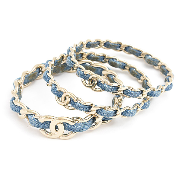 シャネル ブレスレット レディース ココマーク 3連 チェーン バングル Sサイズ B25P ゴールド×ブルー デニム×GP CHANEL 中古