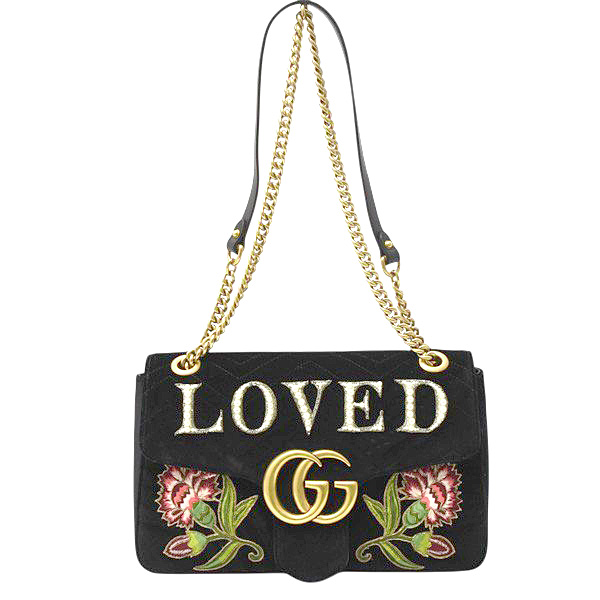 グッチ バッグ レディース GGマーモント チェーンショルダーバッグ ベロア ブラック フラワー GUCCI 443496 中古