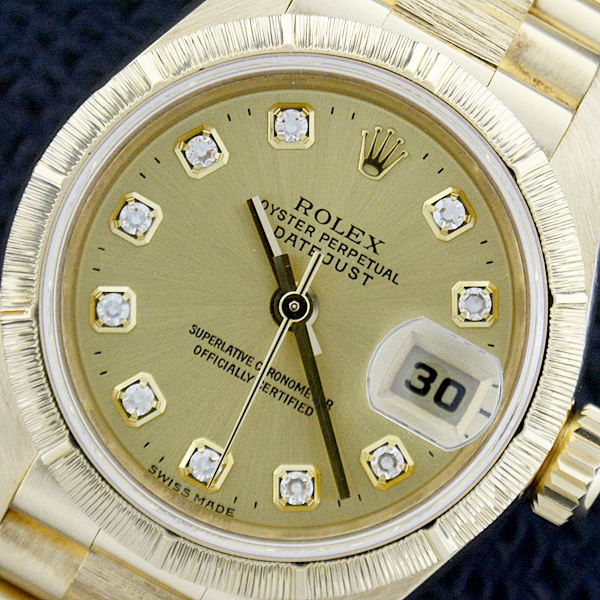 ロレックス 時計 レディース デイトジャスト バーク仕上げ 10Pダイヤ 自動巻 ゴールド文字盤 A番 750YG ROLEX 79278G 中古