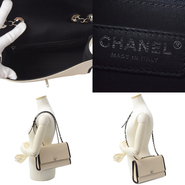 シャネル バッグ レディース マトラッセ バイカラー チェーン ショルダーバッグ カーフ ベージュ×ブラック CHANEL 中古