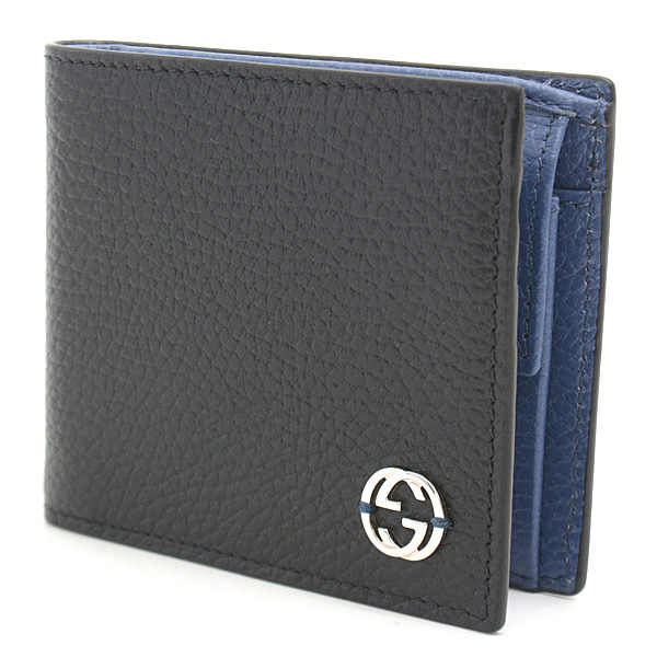 グッチ 財布 メンズ インターロッキングG 二つ折り財布 カーフ ブラック×ブルー アウトレット 薄型ウォレット GUCCI 610466 中古