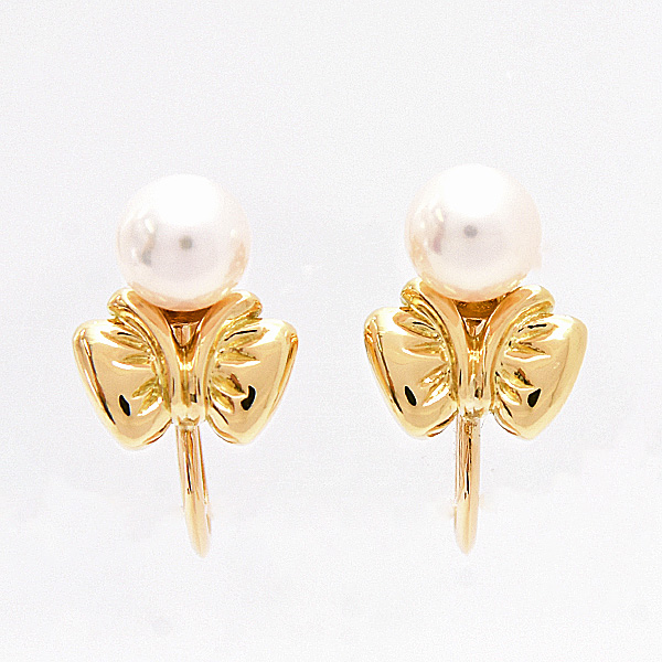 クリスチャンディオール イヤリング レディース 1Pパール 5.7mm珠 リボン 蝶 バタフライ イエローゴールド 真珠 Christian Dior 750YG 中古