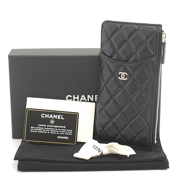 シャネル 財布 レディース マトラッセ  カードケース フォンケース スリムウォレット ラムスキン ブラック CHANEL 中古