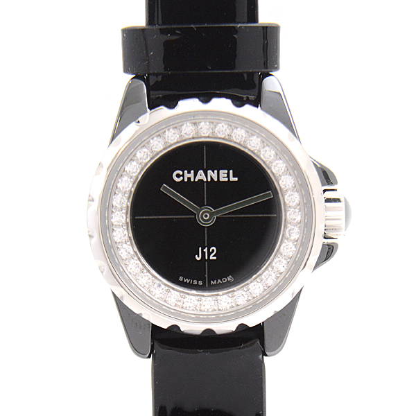 シャネル 時計 レディース J12 XS ダイヤモンド 電池式 ブラック文字盤 セラミック CHANEL H4663 中古