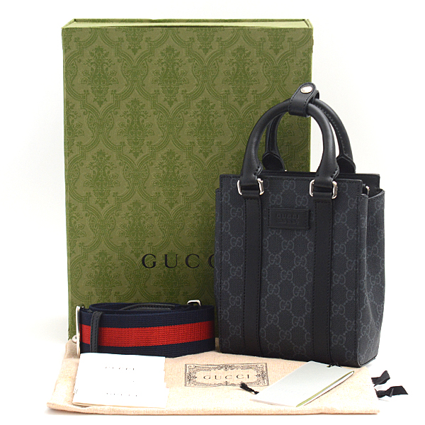 グッチ バッグ メンズ レディース GGスプリーム ミニトートバッグ 2WAY ブラック PVC GUCCI 696010 中古