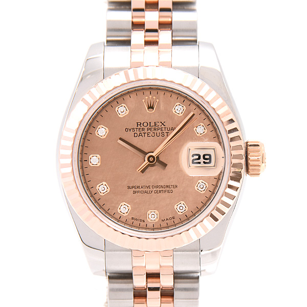 ロレックス 時計 レディース デイトジャスト 10Pダイヤ D番 自動巻 ゴールドダスト シェル文字盤 SS×PG ROLEX 179171NG 中古