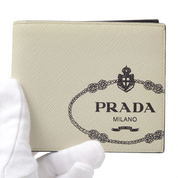 プラダ 財布 メンズ 2つ折り財布 ミニ ウォレット レザー オフホワイト系 PRADA 2M0513 中古