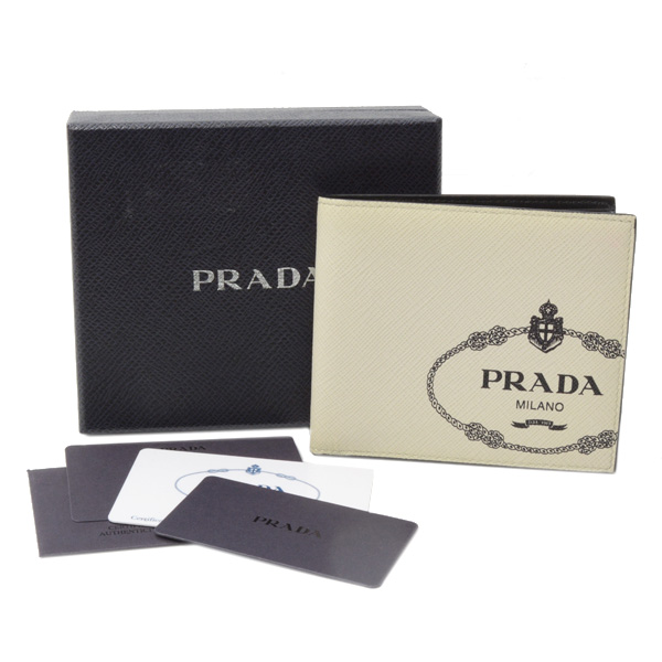 プラダ 財布 メンズ 2つ折り財布 ミニ ウォレット レザー オフホワイト系 PRADA 2M0513 中古