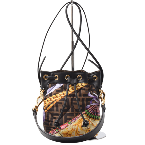 フェンディ バッグ レディース メンズ モントレゾール フェンダーチェ 2WAY 巾着 ショルダーバッグ レザー×キャンバス ブラウン FENDI 8BS010 中古