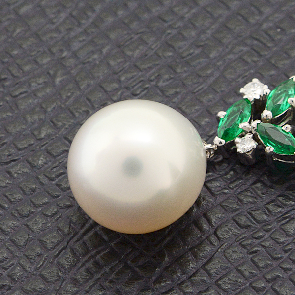 ミキモト ペンダント レディース ダイヤ エメラルド パール ペンダントトップ 11.8mm珠 ホワイトゴールド K14WG MIKIMOTO 中古