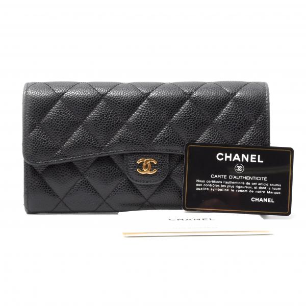 シャネル 財布 レディース ロングフラップウォレット キャビアスキン ブラック CHANEL 中古