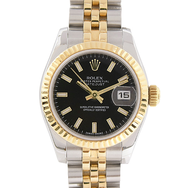 ロレックス 時計 レディース デイトジャスト ブラック文字盤 ランダム 自動巻 SS×YG ROLEX 179173 中古