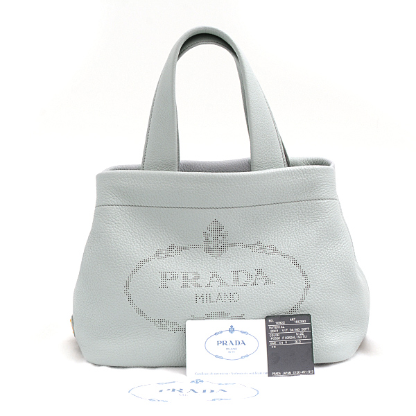 プラダ バッグ レディース パンチングロゴ スモール トート ハンドバッグ レザー ブルーグレー系 PRADA 中古