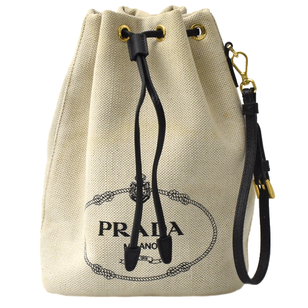 プラダ バッグ レディース バケットバッグ 巾着バッグ キャンバス ナチュラル ブラック PRADA 1NE369 中古