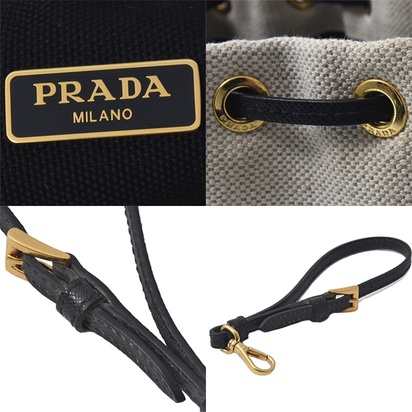 プラダ バッグ レディース バケットバッグ 巾着バッグ キャンバス ナチュラル ブラック PRADA 1NE369 中古