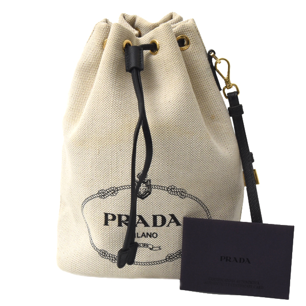 プラダ バッグ レディース バケットバッグ 巾着バッグ キャンバス ナチュラル ブラック PRADA 1NE369 中古