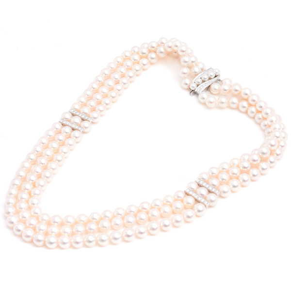 ミキモト ネックレス レディース 3連 パール ダイヤ ネックレス 7.5mm~7.9mm珠 1ctオーバー ホワイトゴールド MIKIMOTO K14WG 中古