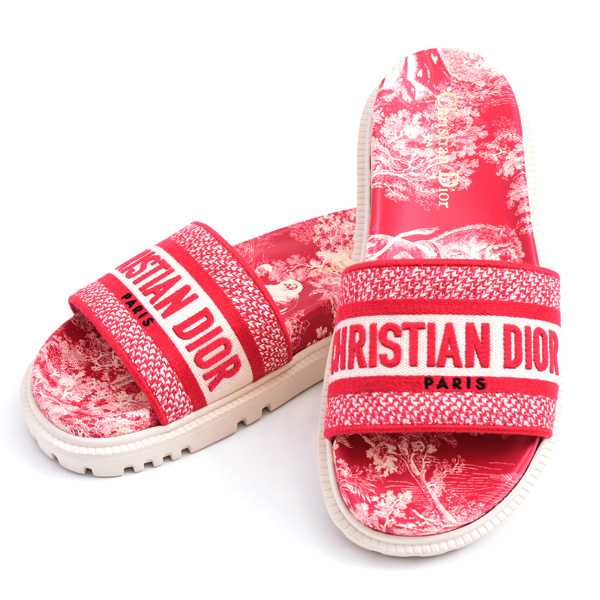 クリスチャンディオール サンダル レディース Dway スライド トワルドゥジュイ 36.5 23.5 レッド Christian Dior KCQ550TJE コットン 中古