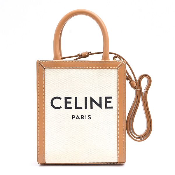 セリーヌ バッグ レディース バーティカルカバ ミニ ショルダー 2WAY ポシェット キャンバス カーフ ナチュラル×タン CELINE 193302 中古