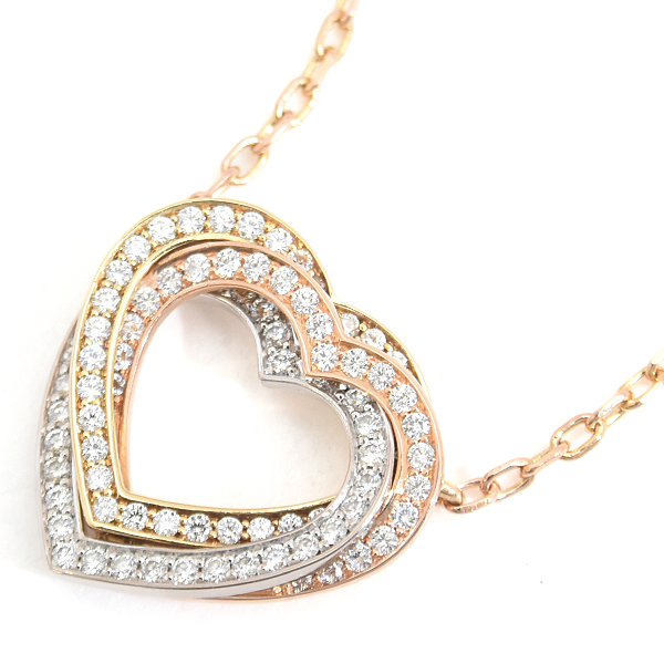 カルティエ ネックレス レディース トリニティ ハート フルダイヤ ネックレス 保証書付 ゴールド Cartier 750YG×WG×PG 中古