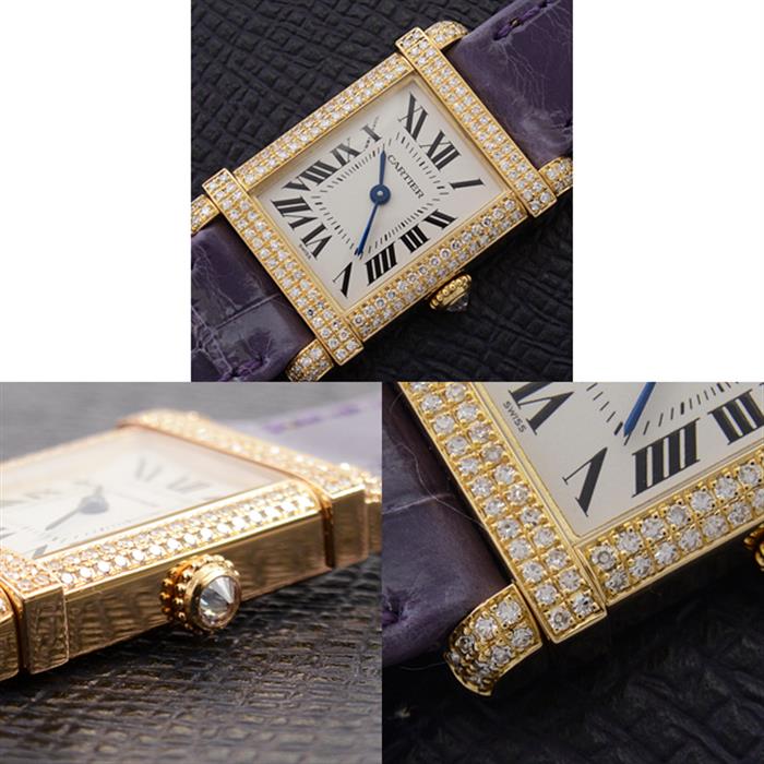 カルティエ Cartier 時計 レディース ブランド ミニタンク ダイヤモンド クオーツ QZ 750YG レザー 1918 イエローゴールド パープル