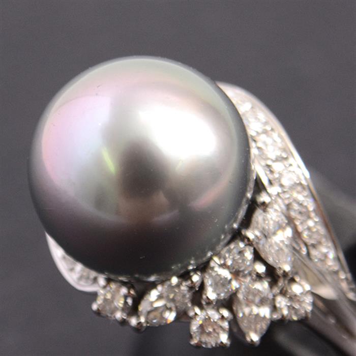 ミキモト 指輪 レディース ブラックパール×ダイヤモンド リング 12.1mm珠 D0.67ct 14号 プラチナ MIKIMOTO PT900 中古