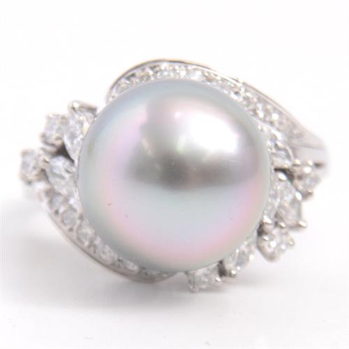 ミキモト 指輪 レディース ブラックパール×ダイヤモンド リング 12.1mm珠 D0.67ct 14号 プラチナ MIKIMOTO PT900 中古